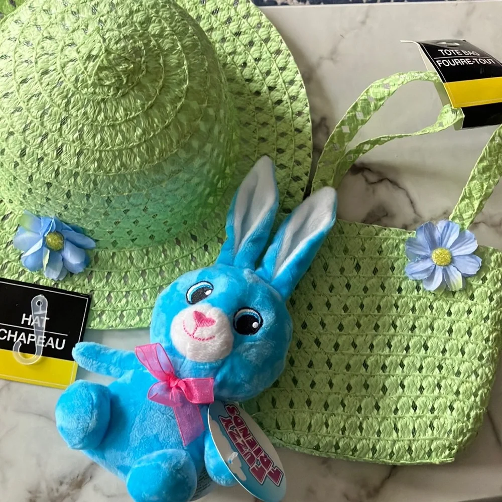 Green Hat and Bag Set with Blue‎ Bunny Plush